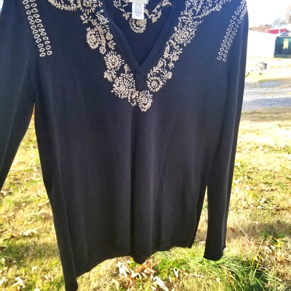 Chico's embroidered black pull over with open v neck. Long sleeve. Size 2 - Picture 1 of 5